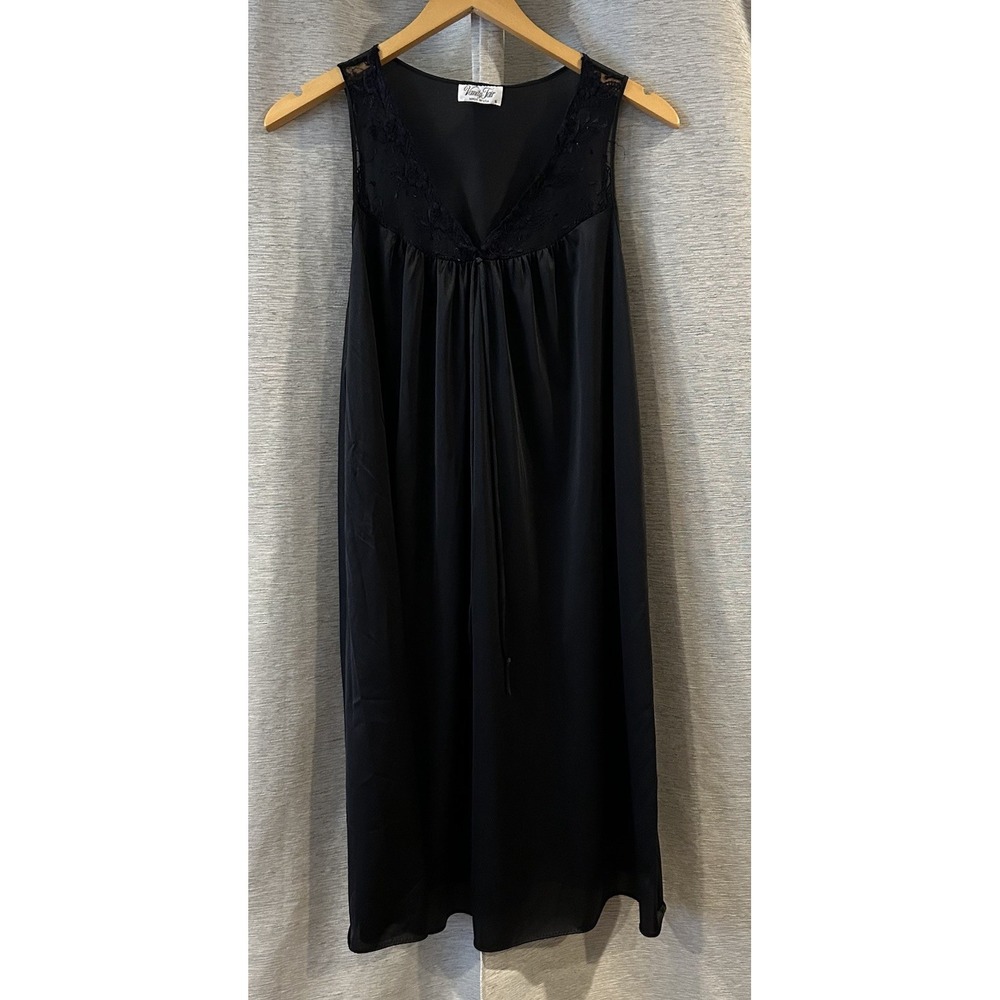VTG Vanity Fair Black Satin Lace Slip Dress Nightgown Sheer Babydoll Slip Sz S